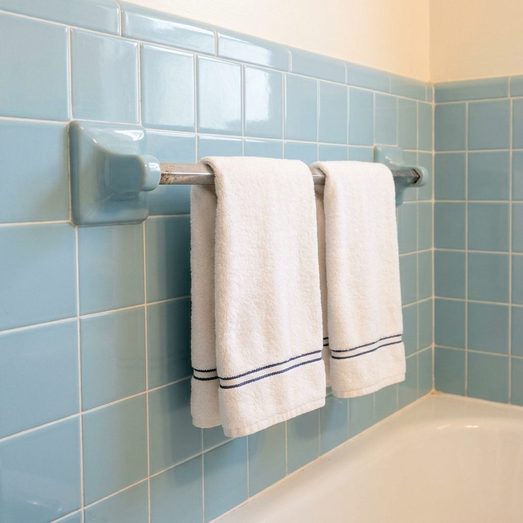 Metal Towel Bars Embedded Directly Into the Tile Like They Were Load-Bearing