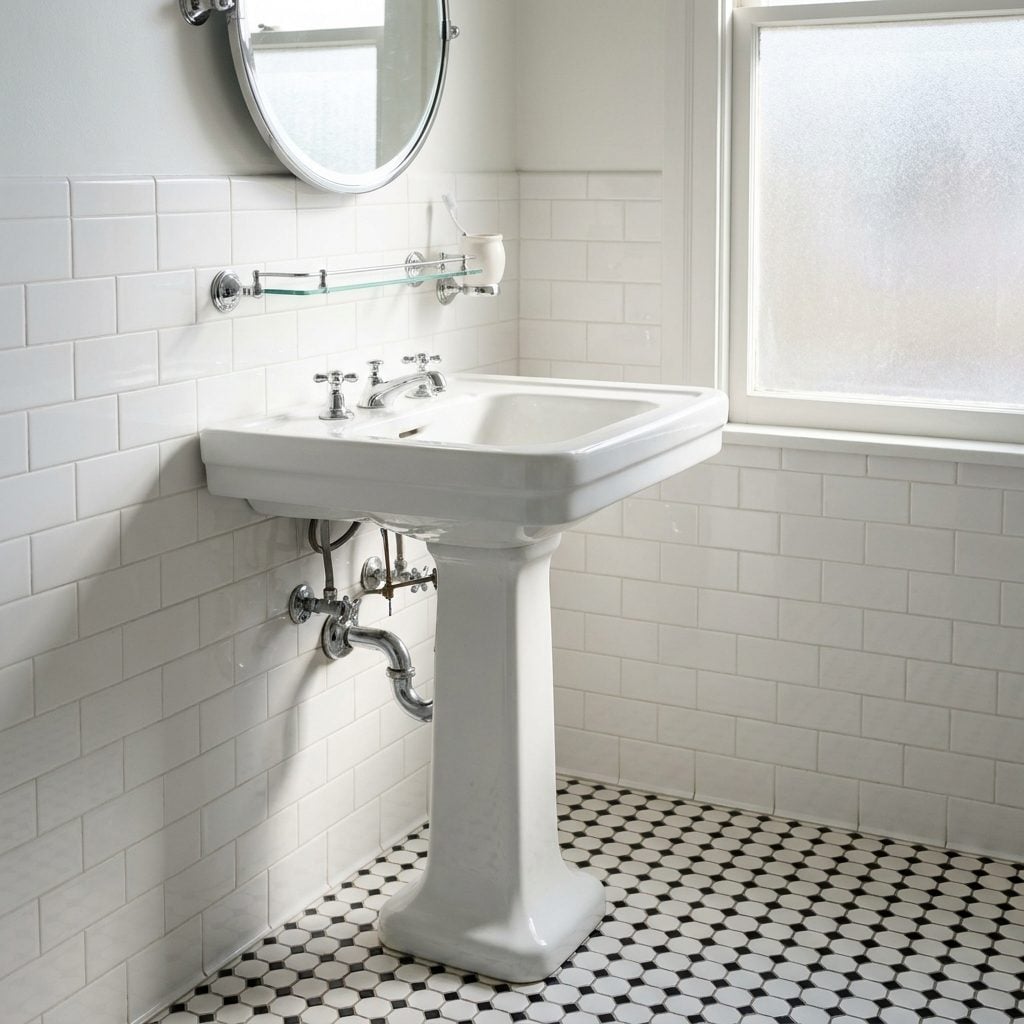 Freestanding Pedestal Sinks With All Their Plumbing on Full Display