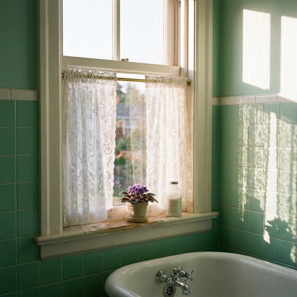 Lace or Café Curtains Hanging in the Bathroom Window Like It Was a Parisian Bistro