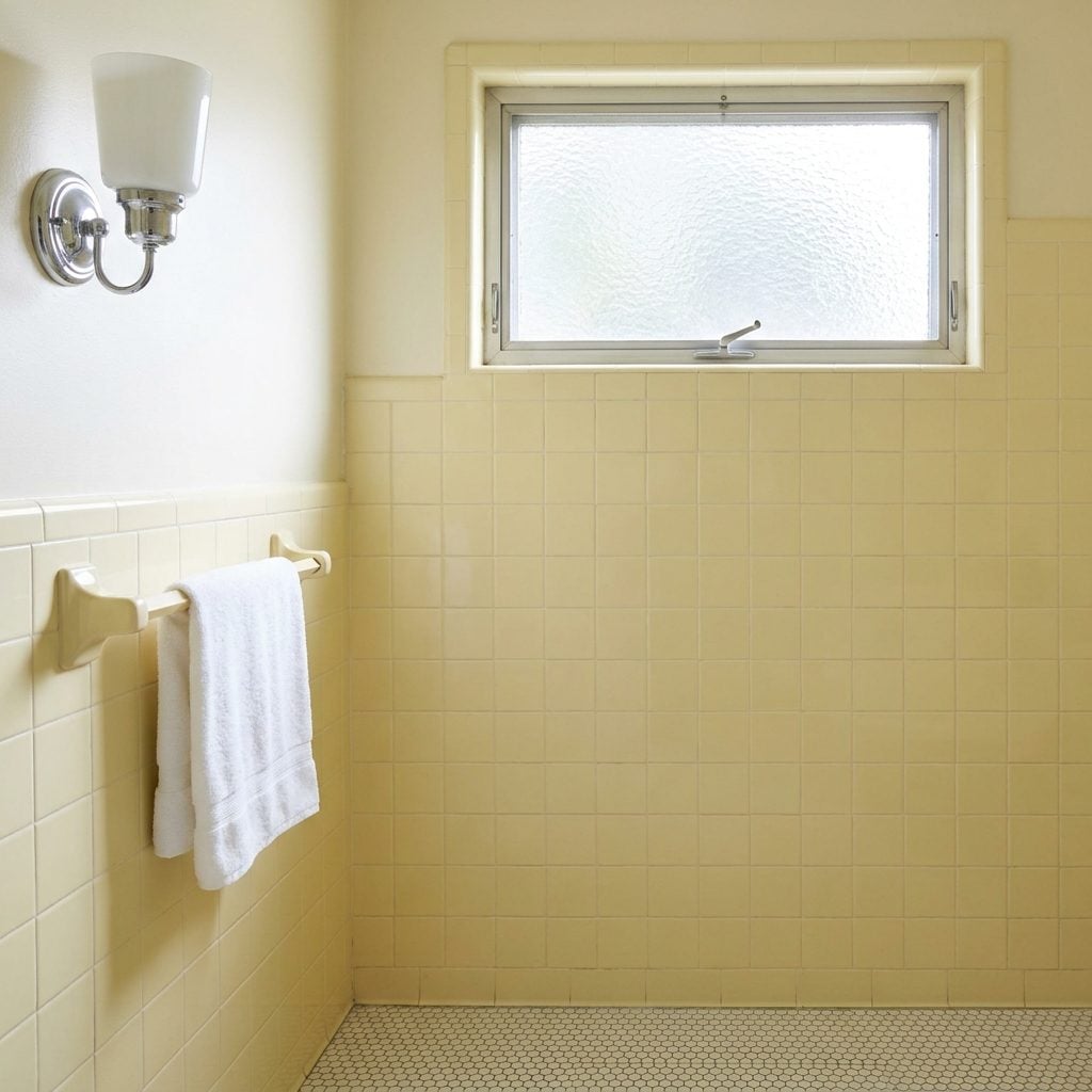 Tiny Frosted Bathroom Windows Positioned Absurdly High on the Wall
