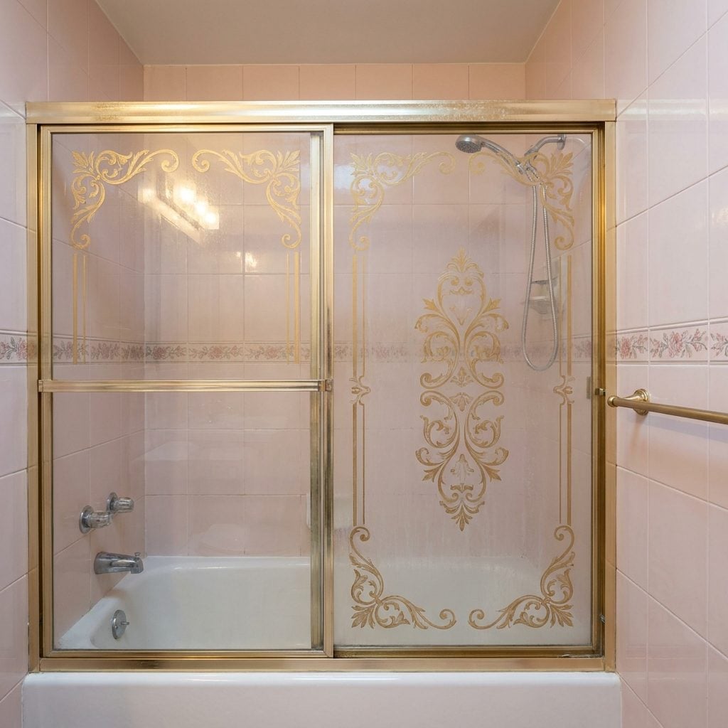 Bathtub Sliding Glass Doors Etched With Gold Floral Patterns