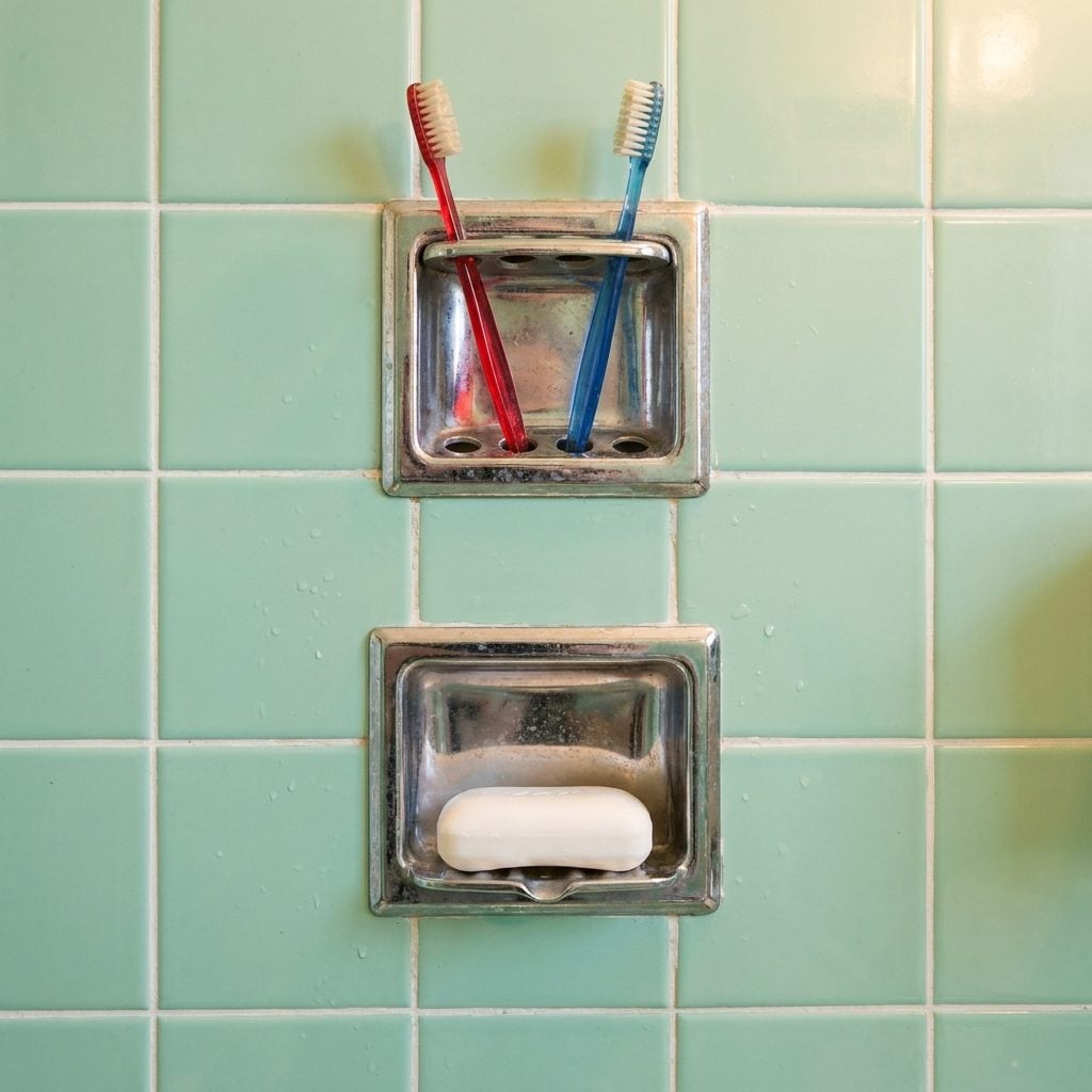 Built-In Metal Toothbrush and Soap Holders Recessed Directly Into the Tile Wall