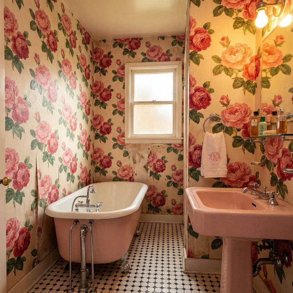 Wallpaper Installed Dangerously Close to Tubs and Sinks, Because Moisture Was Apparently Not a Concern