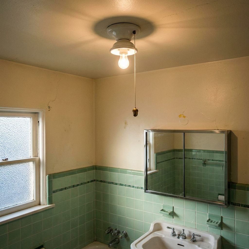 Ceiling-Mounted Pull Cords for Light Fixtures That Swung Like Tiny Pendulums in the Dark