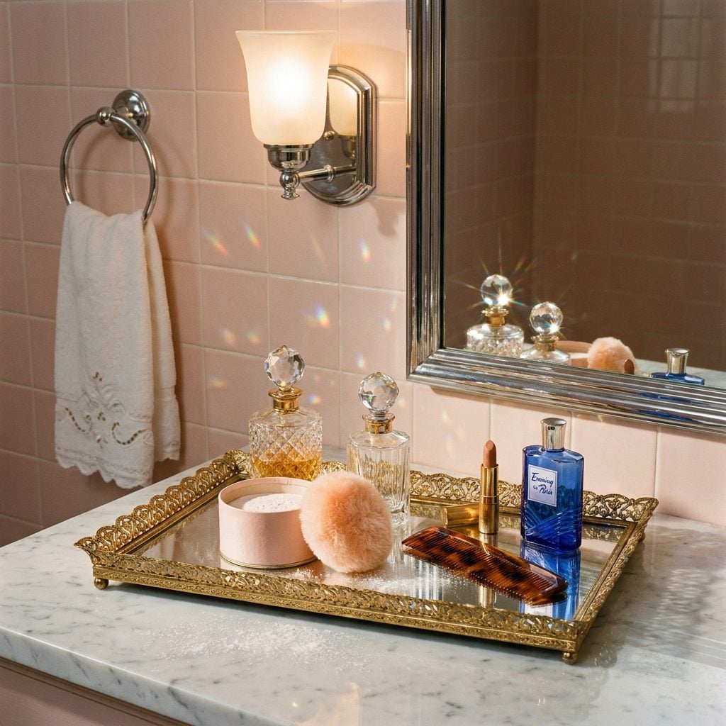 Perfume Bottles and Talcum Powder Displayed Openly on Vanity Trays Like a Tiny Personal Museum