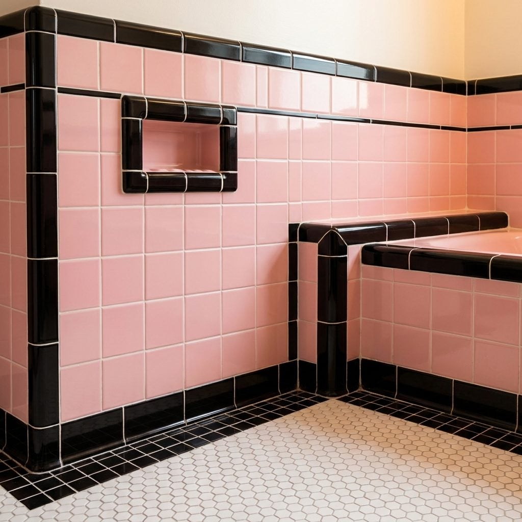 Thick Black Tile Trim Outlining Every Surface Like Someone Was Drawing the Room in Marker