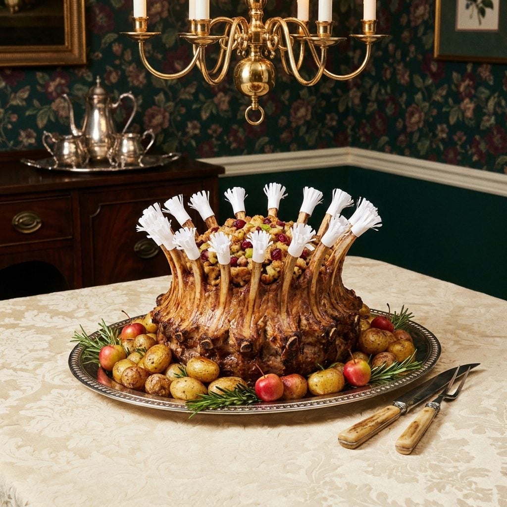 The Crown Roast of Pork With Paper Frills on Every Single Bone Like a Meaty Birthday Crown