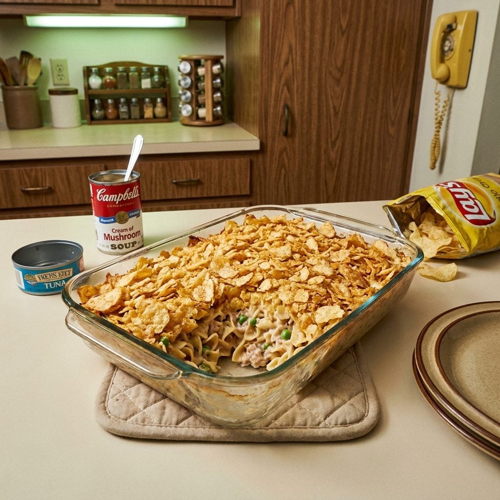 Tuna Noodle Casserole Built Entirely from Cans and Crowned with Crushed Potato Chips