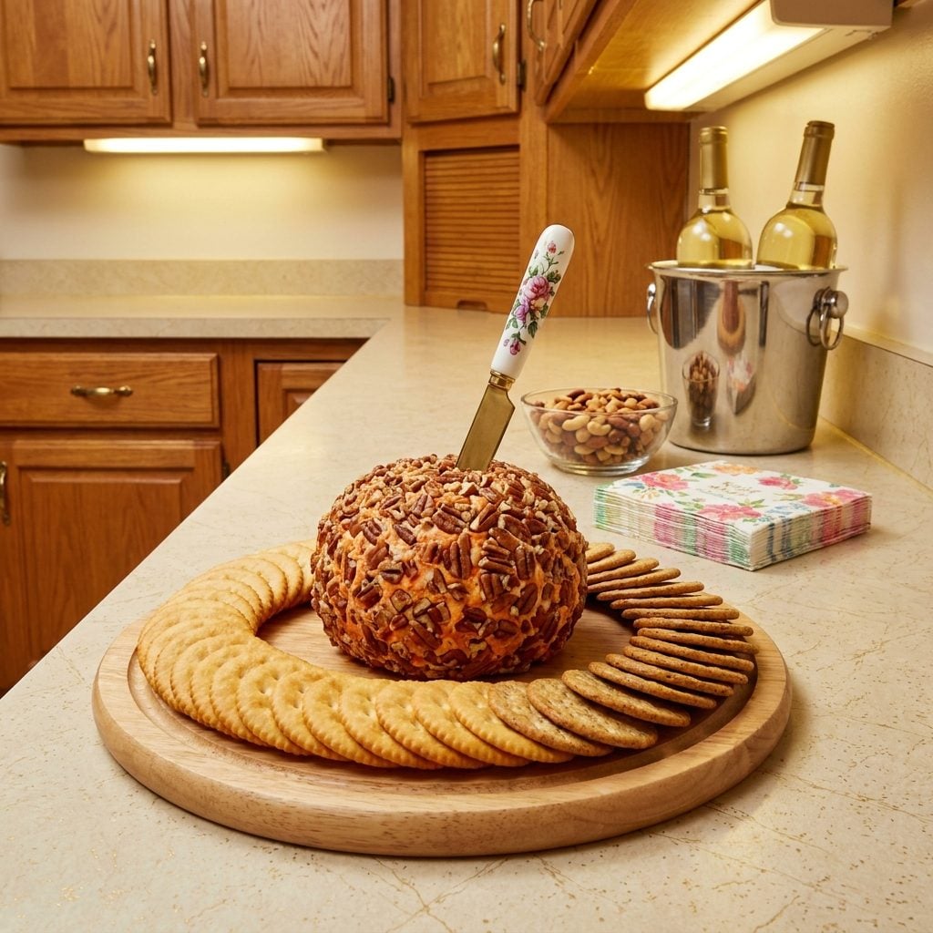 The Cheese Ball Rolled in Chopped Pecans, Surrounded by Its Cracker Army