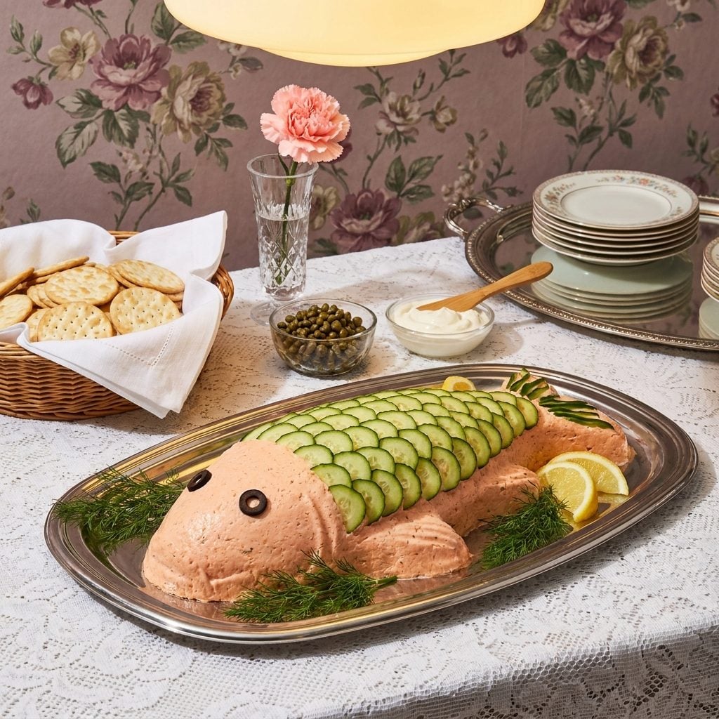 Salmon Mousse Shaped Like an Actual Fish, Complete With Olive Eyes That Stared Back at You