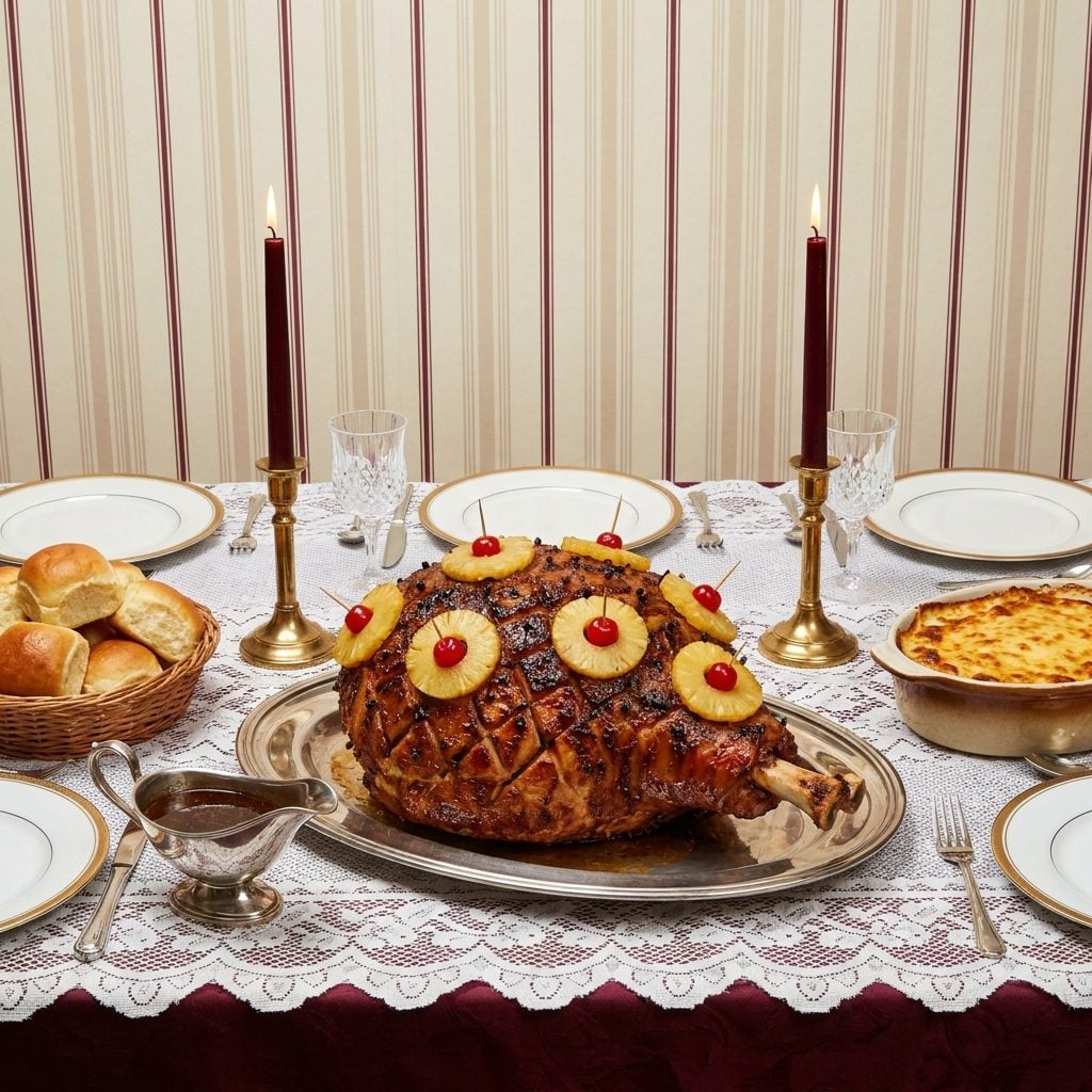 The Whole Glazed Ham Studded with Pineapple Rings and Maraschino Cherries Like a Edible Christmas Ornament