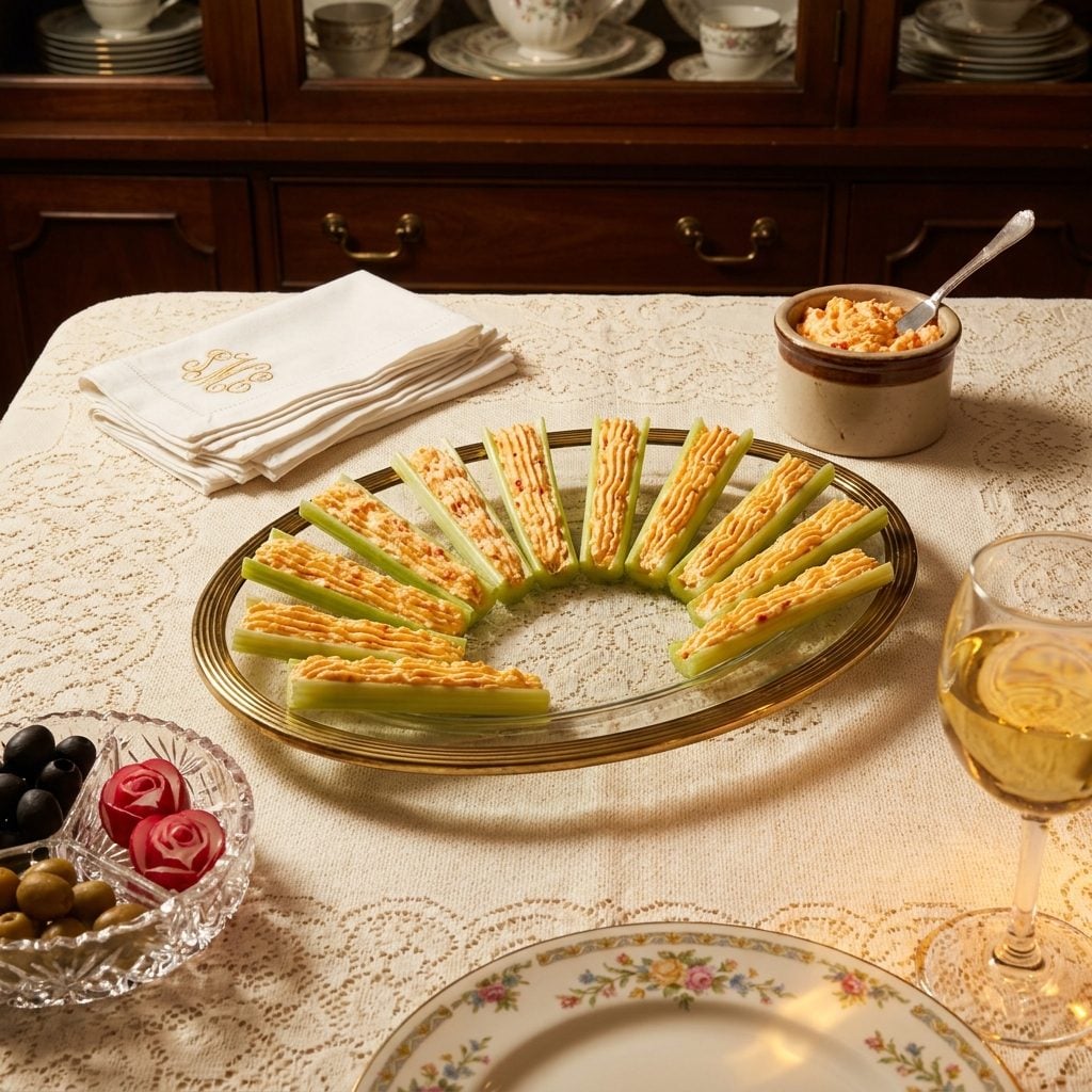 Stuffed Celery With Pimento Cream Cheese, Lined Up Like Little Green Canoes on the Good Platter