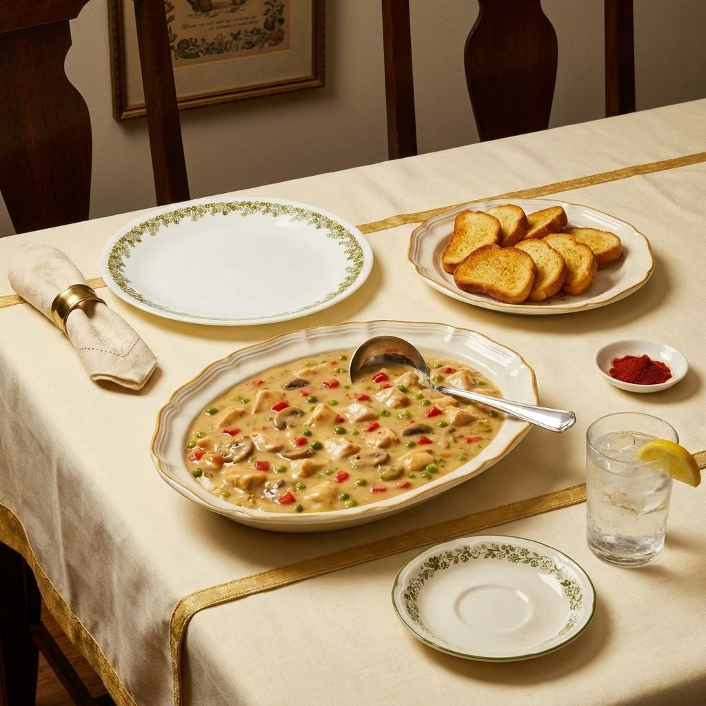 Chicken à la King Poured Over Toast Points Like a Beige, Creamy Tidal Wave