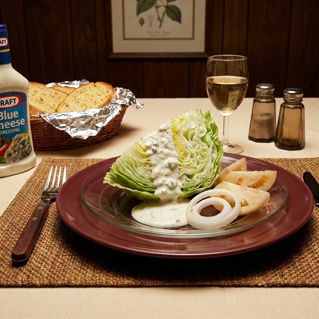 Iceberg Wedge Salads Absolutely Drowning in Kraft Chunky Blue Cheese from a Bottle