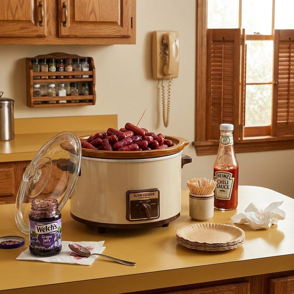 Cocktail Weenies Swimming in a Crockpot of Grape Jelly and Chili Sauce