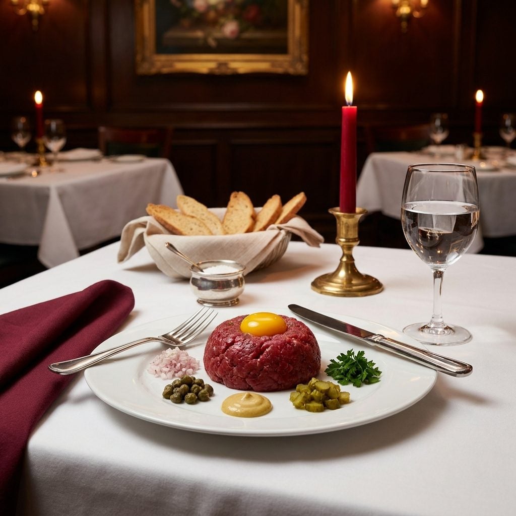 Beef Tartare Crowned With a Raw Egg Yolk and Mixed at the Table Like a Chemistry Experiment