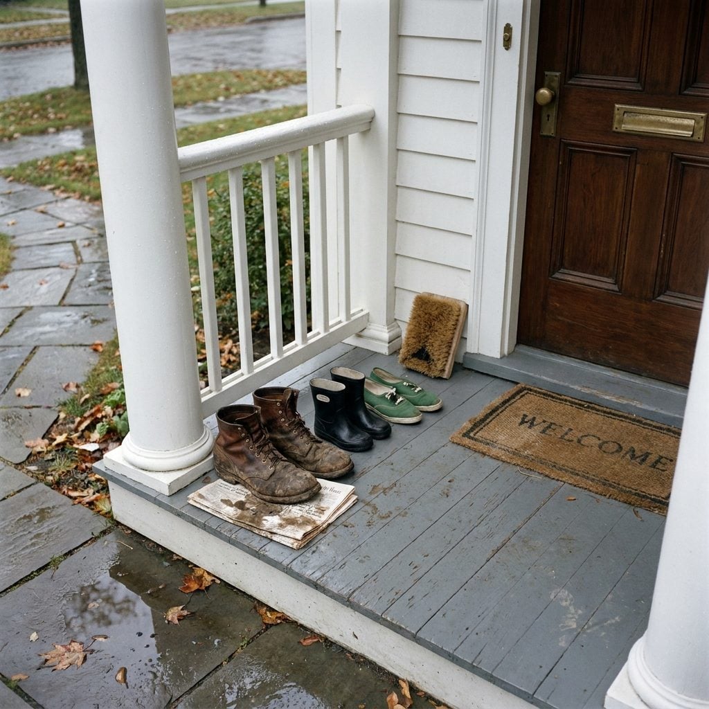 Muddy Work Boots and Wet Shoes Drying in a Row by the Front Door
