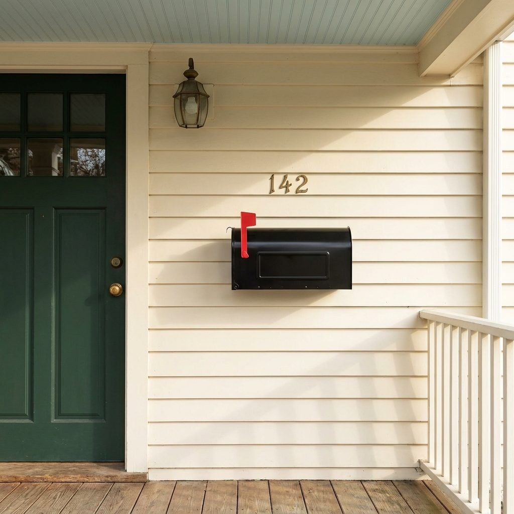 A Small Metal Mailbox Mounted Near the Front Door