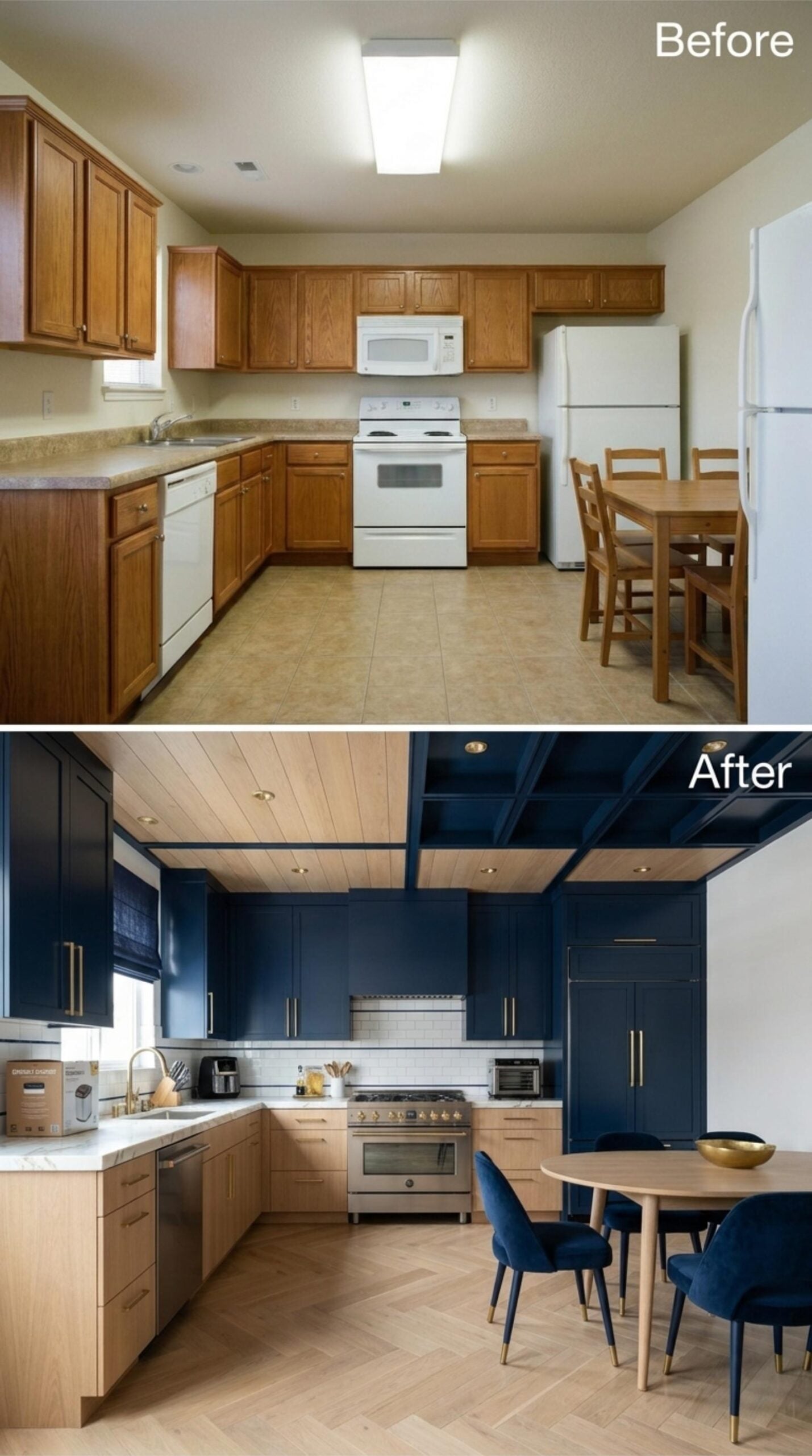 Navy Lowers, Natural Uppers, and a Coffered Ceiling That Does the Heavy Lifting