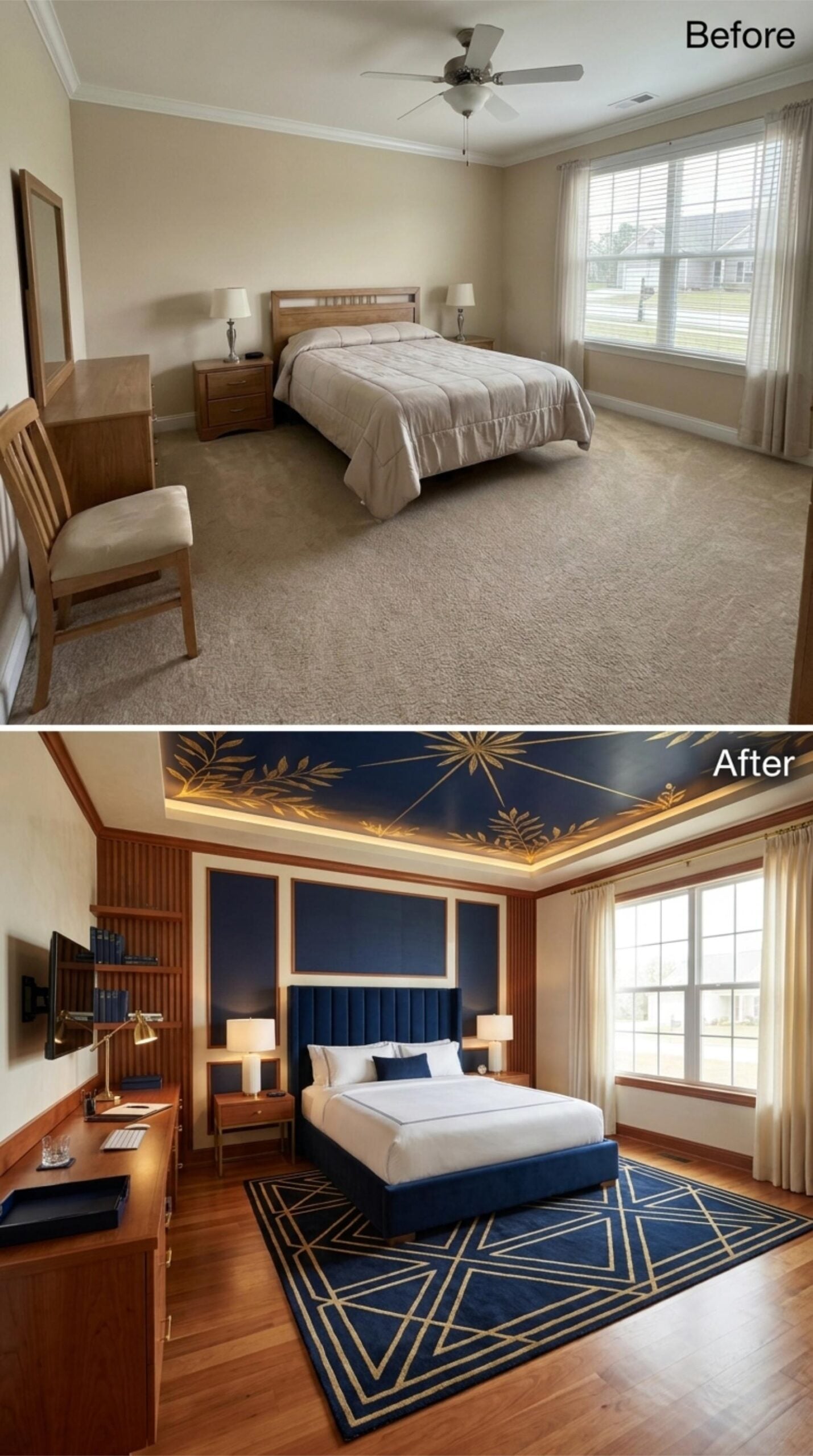 Navy, Gold Leaf Ceiling, and a Desk Wall That Actually Has a Plan