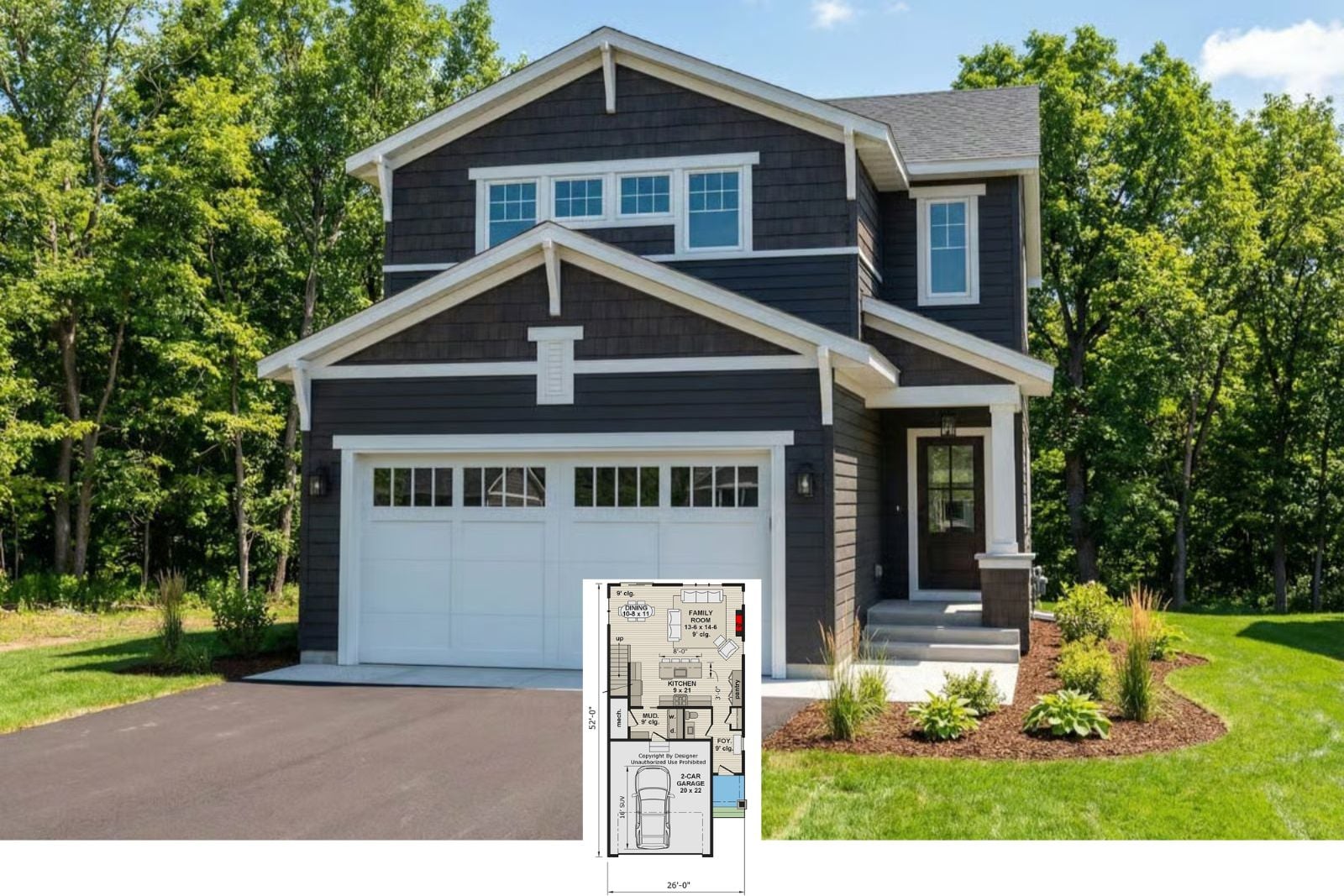 4-Bedroom Craftsman-Style Home for a Narrow Lot with 2-Car Garage (Floor Plan)