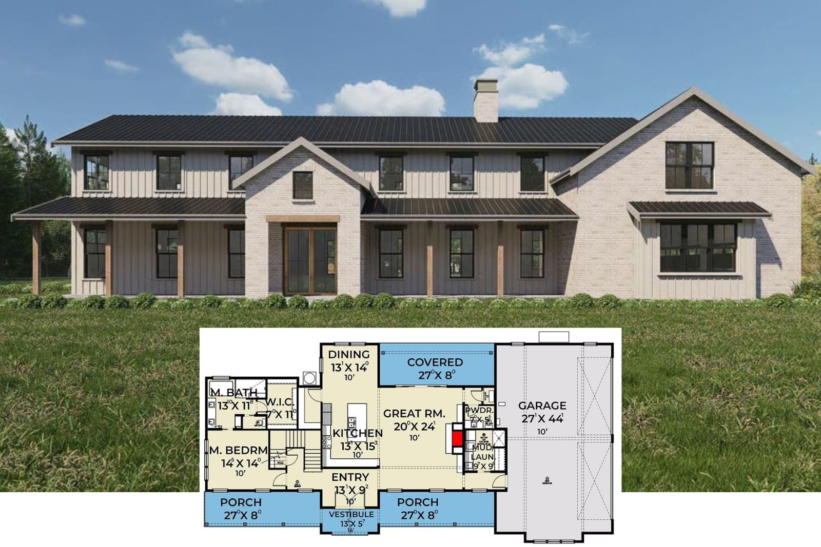 Modern 4-Bedroom Barndominium with Bonus Room and Balcony (Floor Plan)