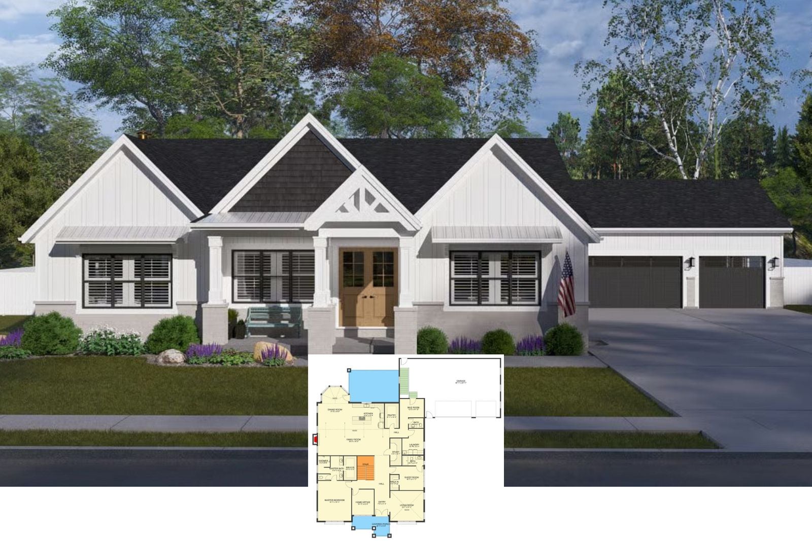 Millhaven 4-Bedroom Modern Ranch House Plan with Finished Basement Designed for Empty Nesters Whose Adult Kids Visit and Stay Regularly (Floor Plan)