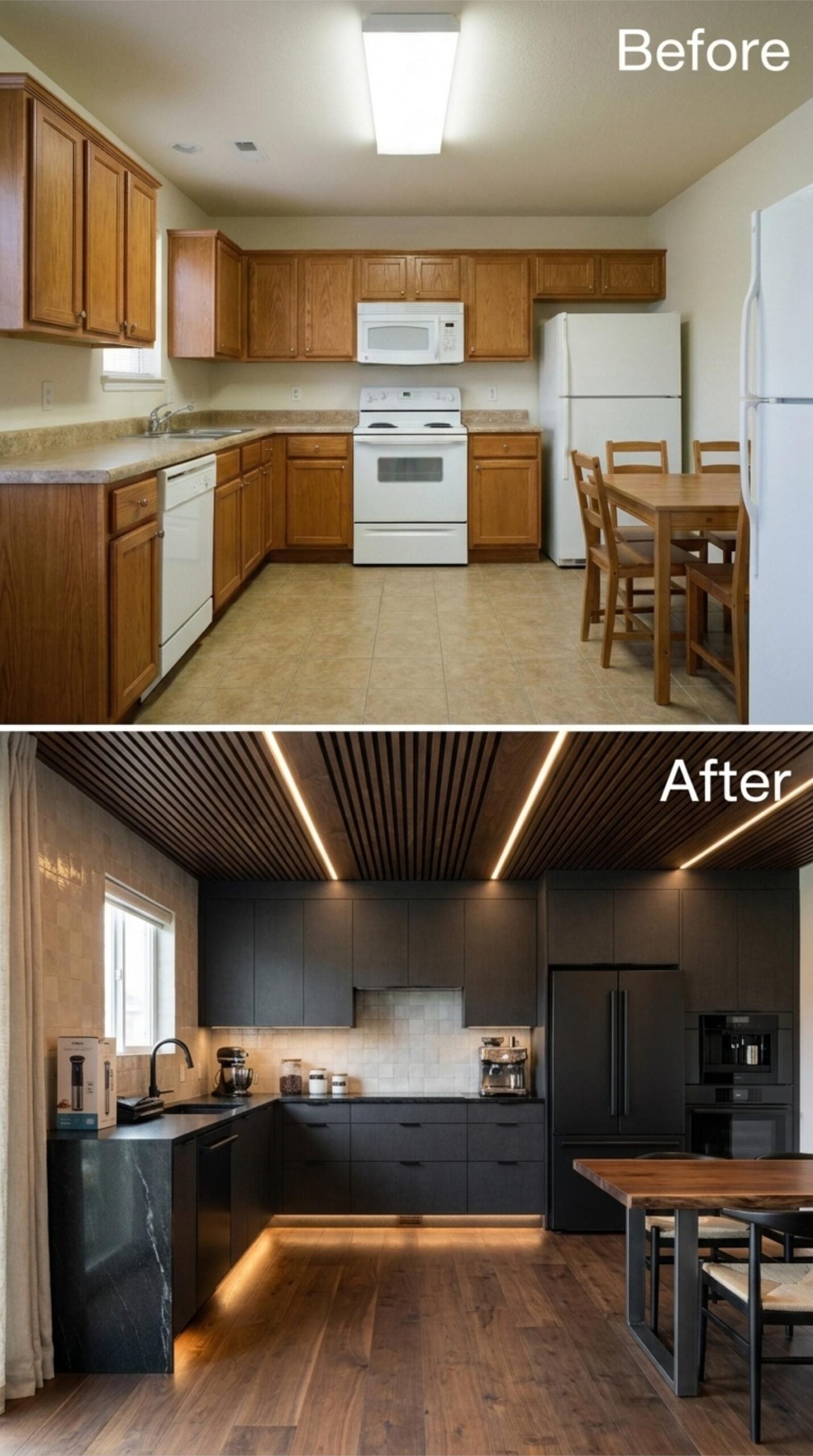 Slab-Front Cabinets, a Slatted Ceiling, and Toe-Kick Lighting That Means Business