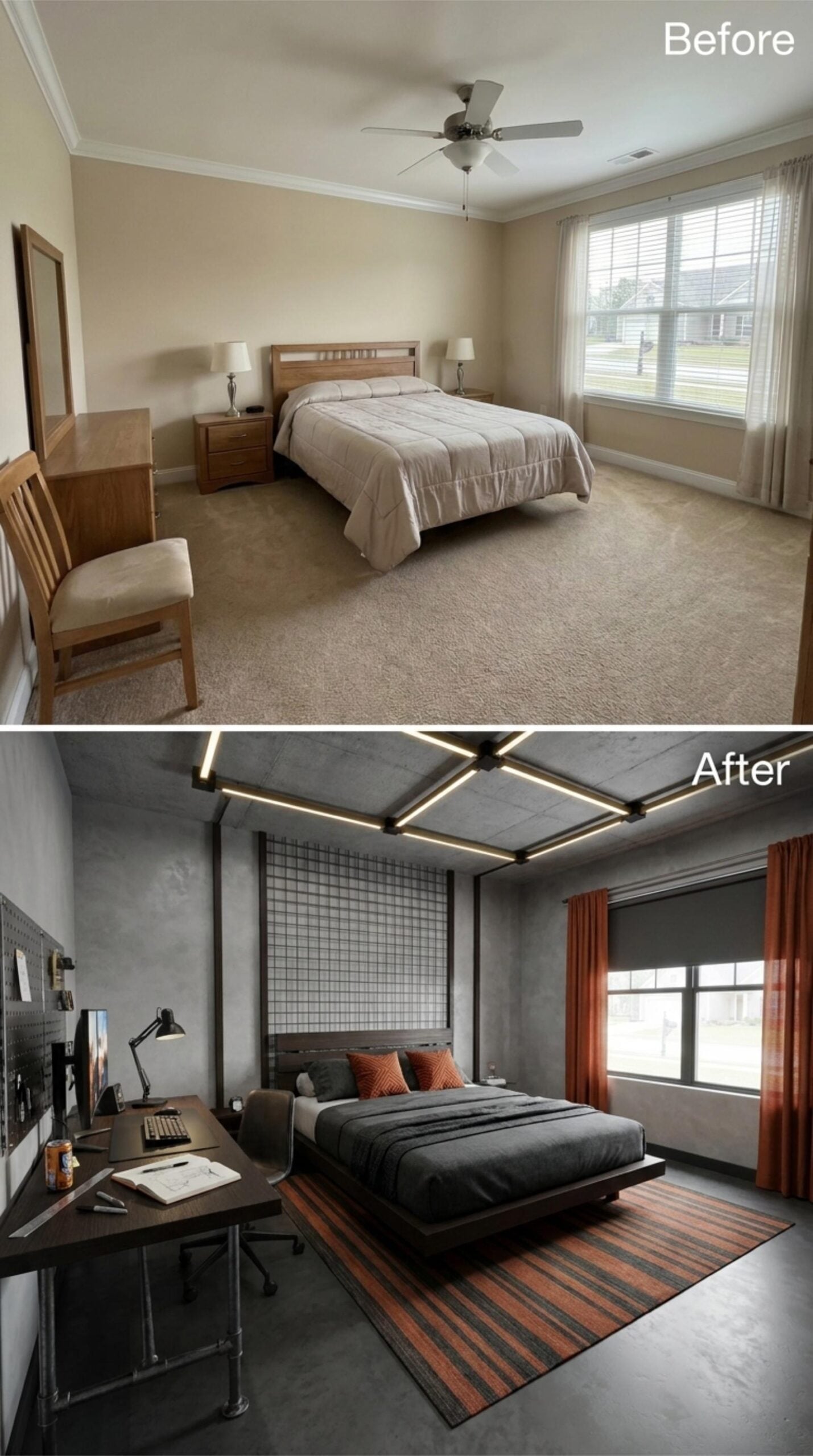 Geometric LED Ceiling, Concrete Walls, and a Desk That Actually Pulls Its Weight