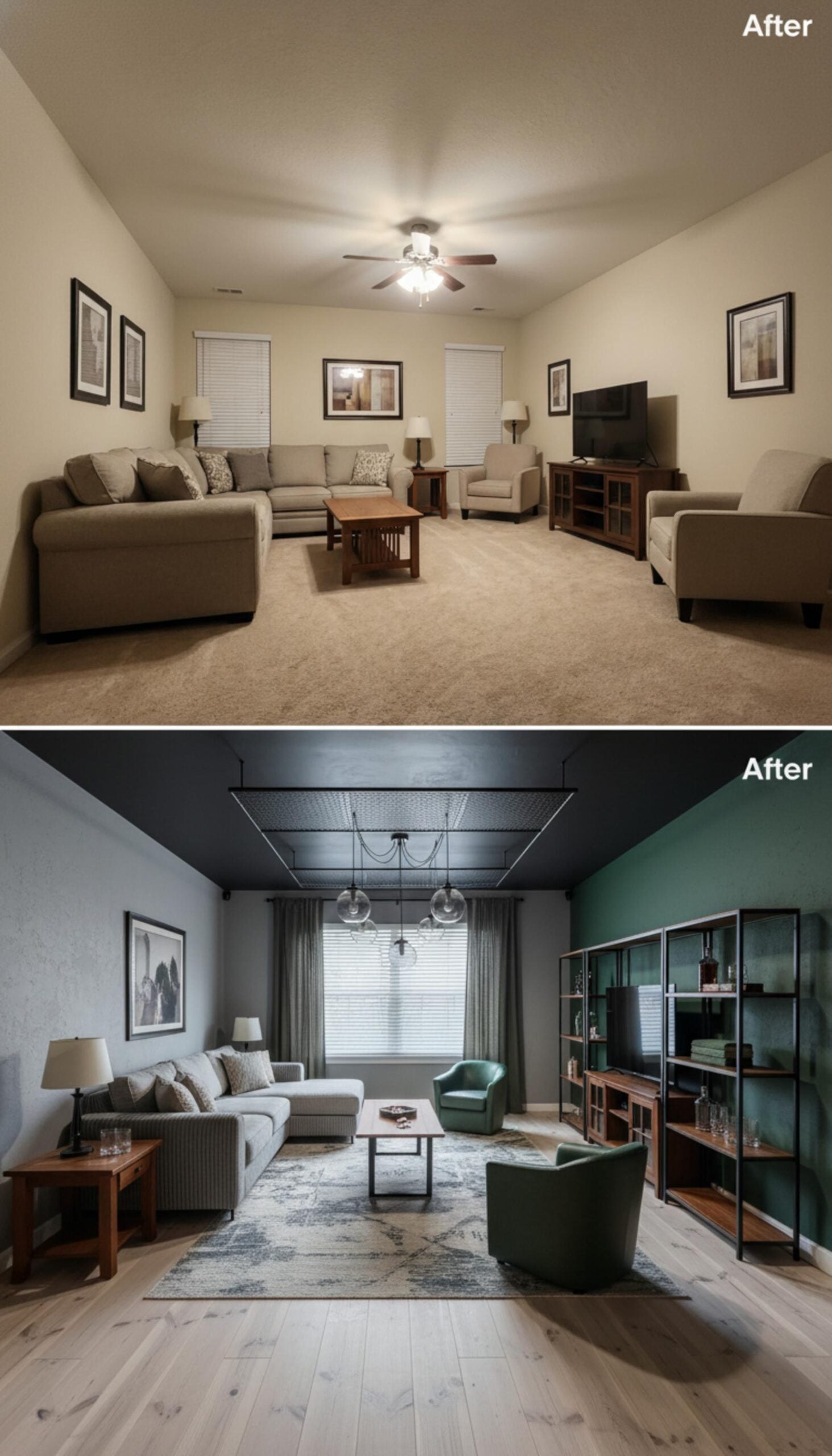 Black Ceiling, Forest Green Accent Wall, and Pendant Lighting That Sets the Mood