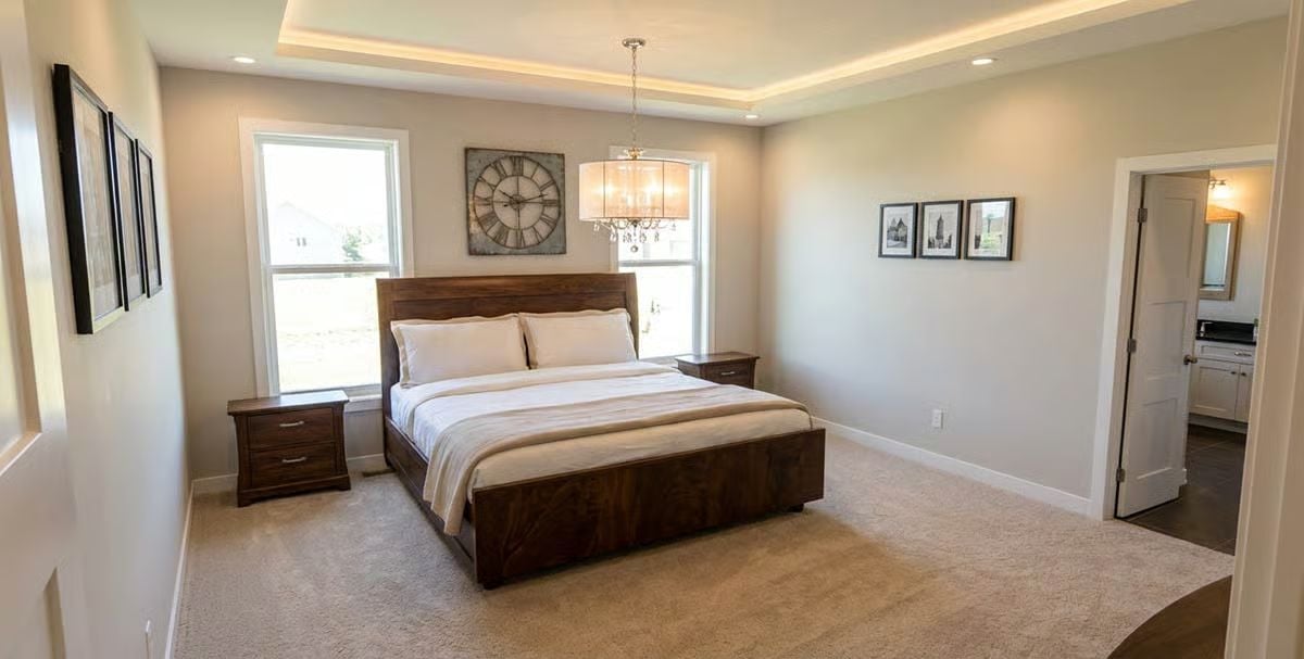 Walnut Bed Frame and Tray Ceiling Make the Master Bedroom Worth the Square Footage
