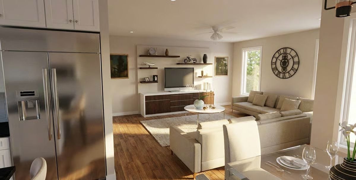 Stainless and Warm Wood Where Kitchen Meets Living Room