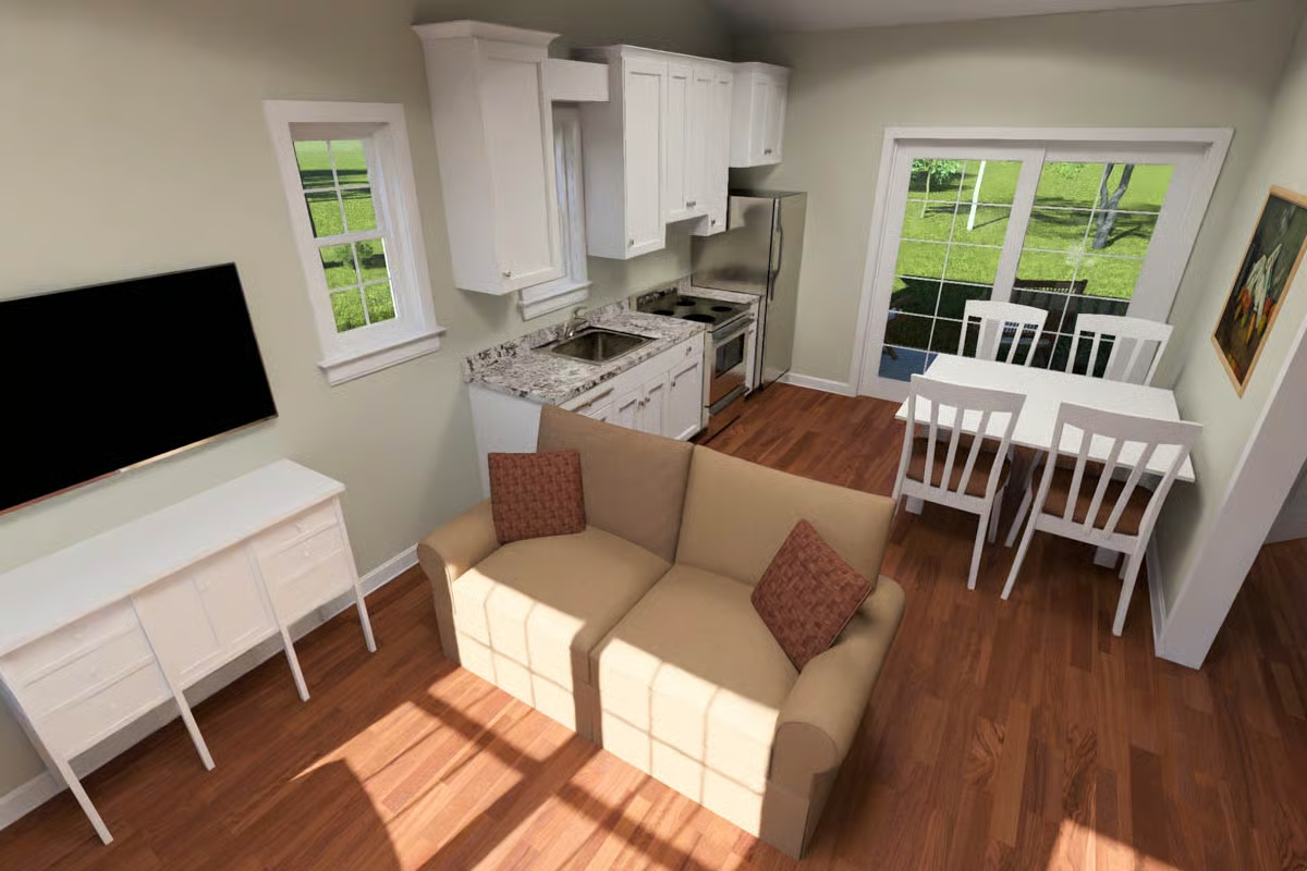 Caramel Loveseat and Hardwood Floors Do the Heavy Lifting in This Compact Living Space