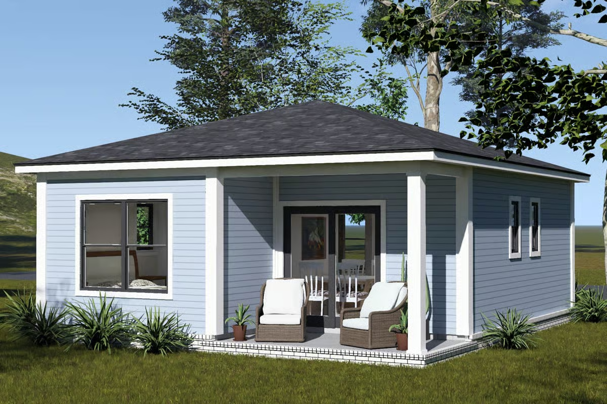 Blue Siding and a Covered Patio Make This Cottage Surprisingly Livable