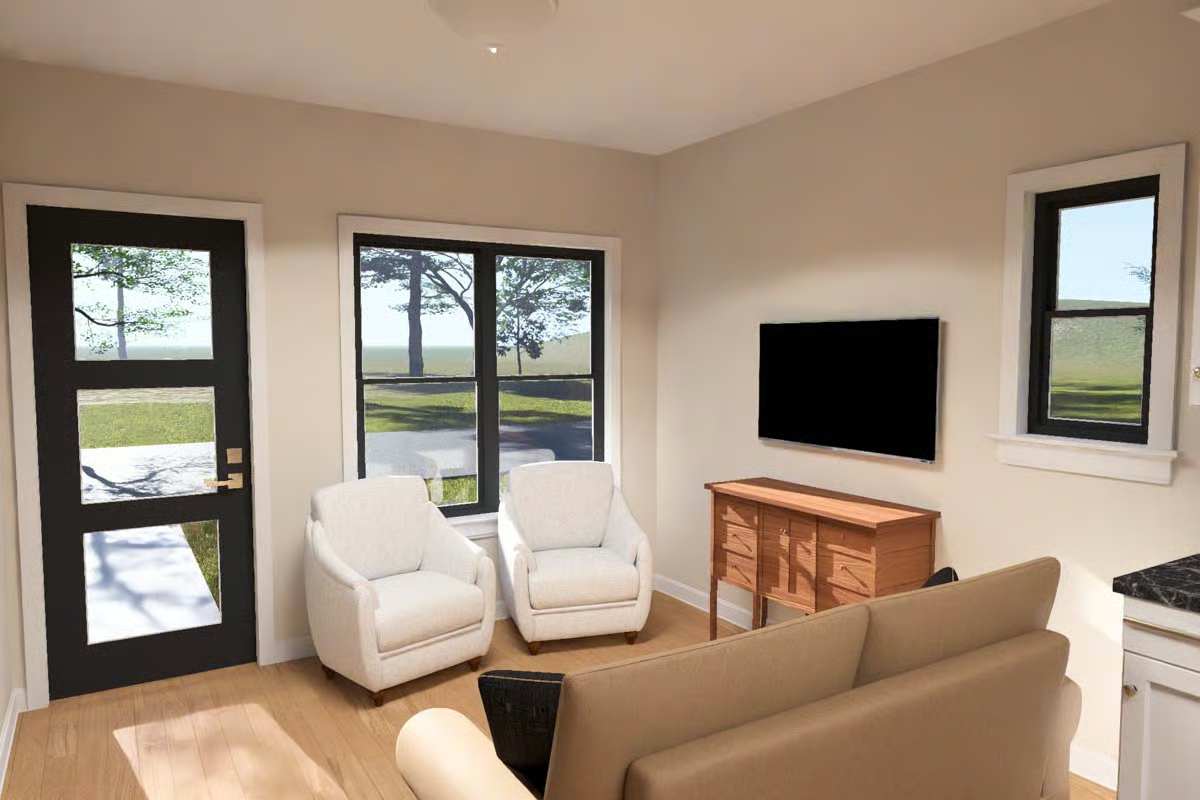 Cream Chairs and a Wall-Mounted TV Keep the Living Room Unpretentious