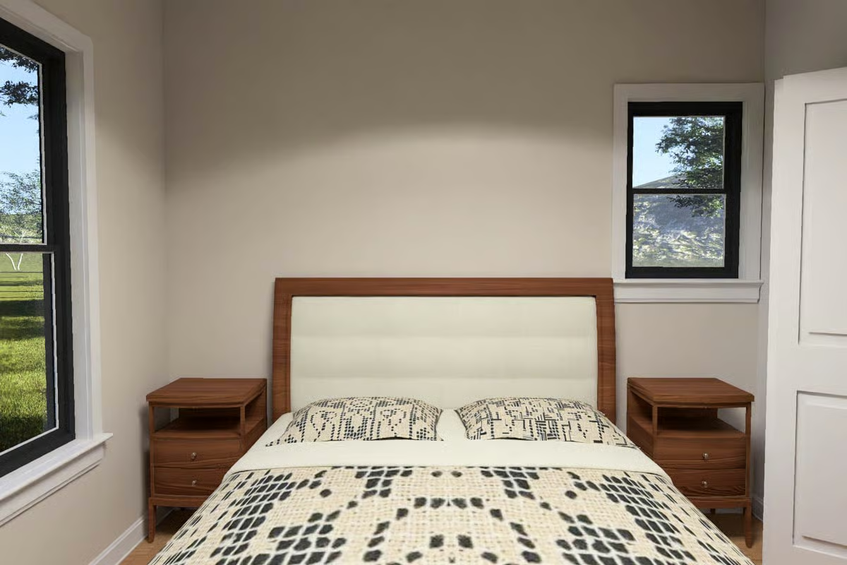 Walnut Nightstands and a Leather Headboard Keep the Bedroom Honest