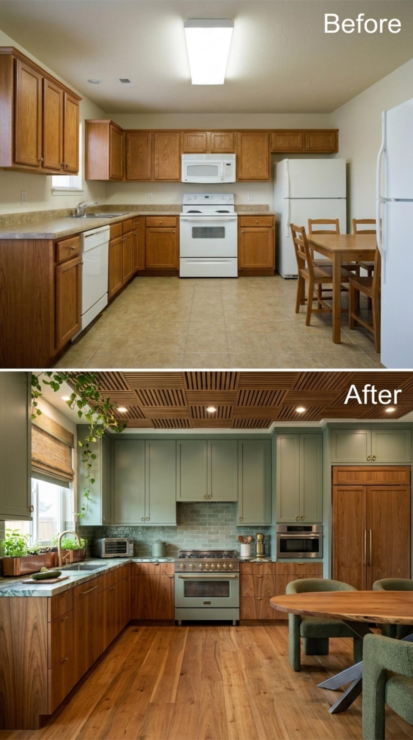 Sage Cabinets, a Slatted Ceiling, and One Very Confident Refrigerator Panel