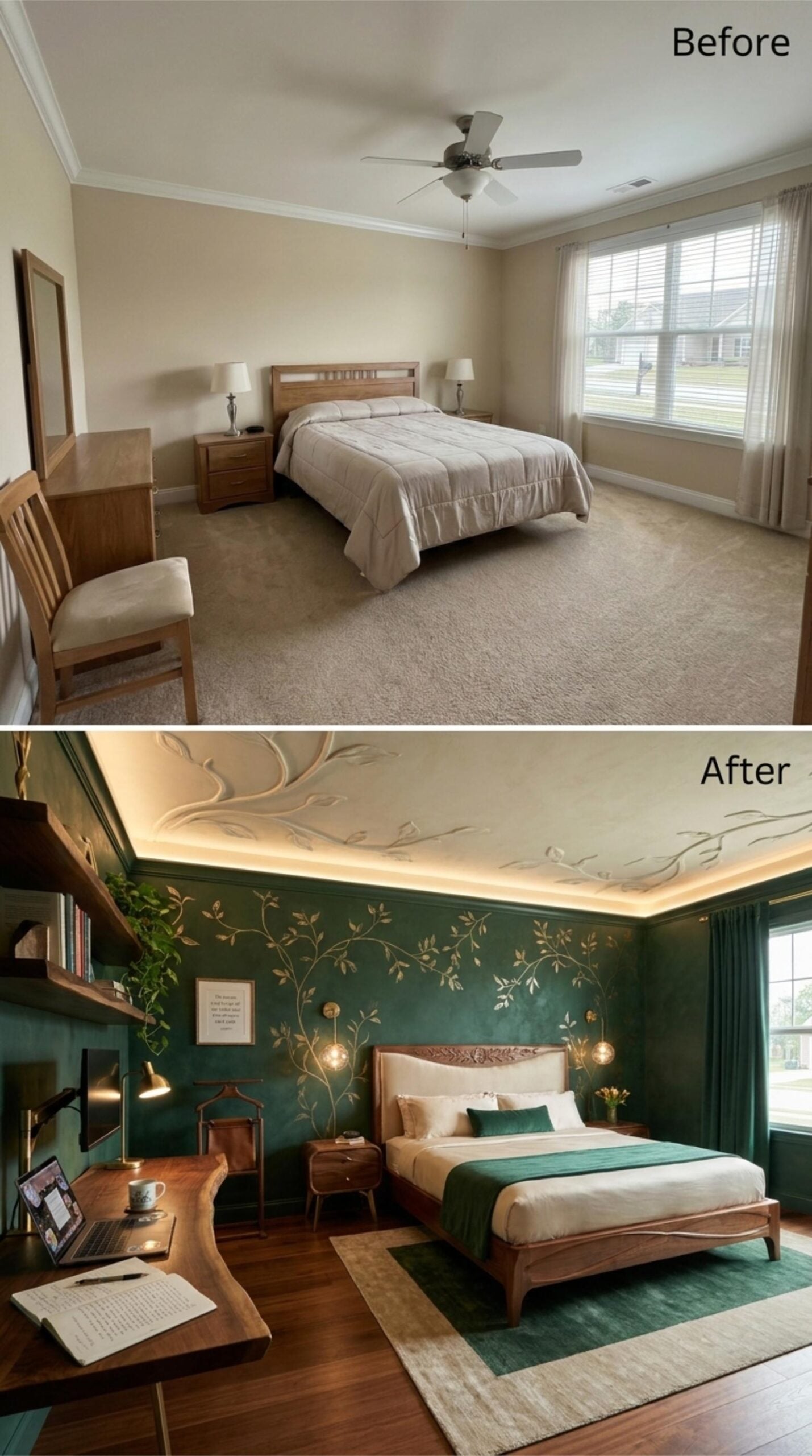 Emerald Walls, Gold Botanical Murals, and a Live-Edge Desk That Earns Its Corner