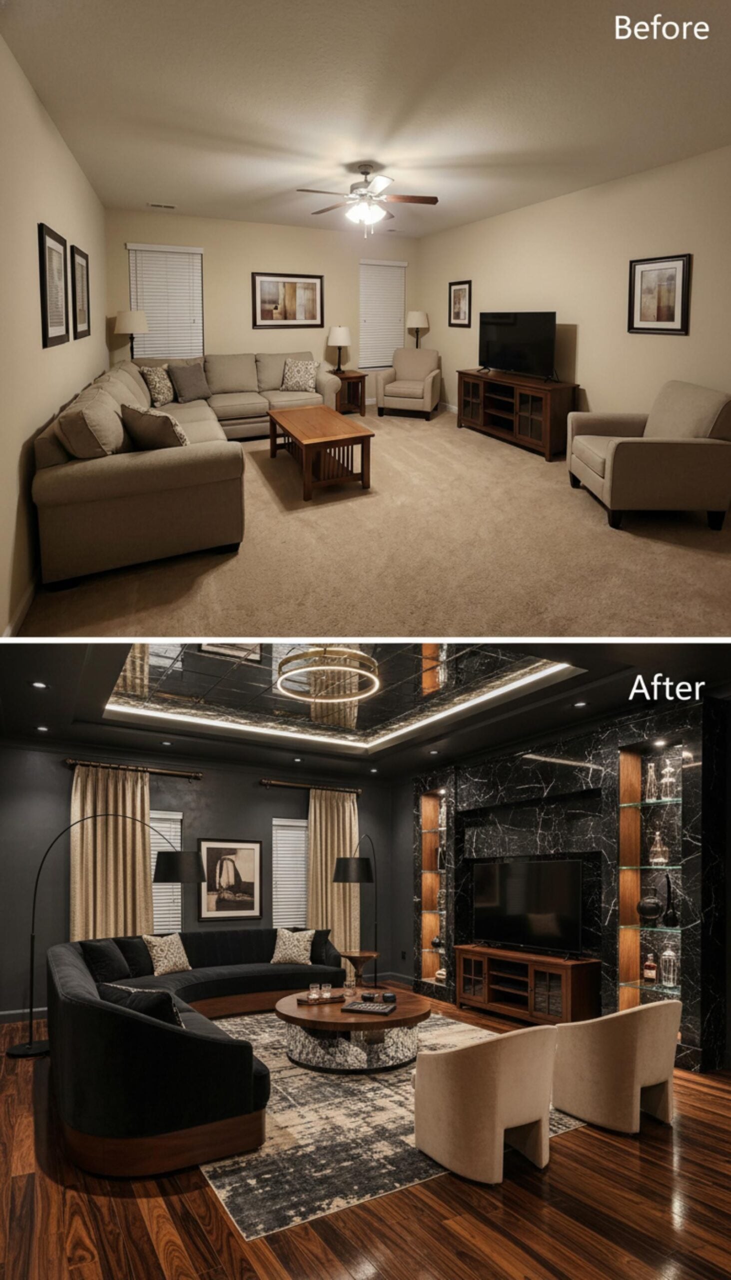 Marble Ceiling Panels, a Curved Sofa, and Lighting That Knows Its Job