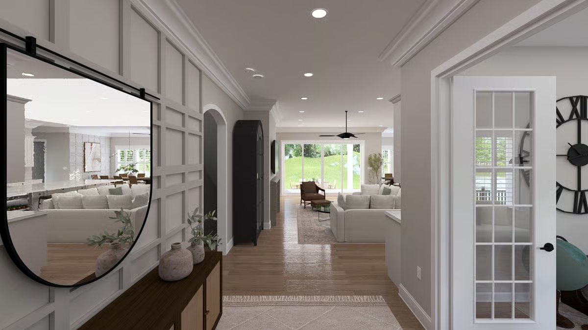 Wainscoting, Barn Mirror, and a Hallway That Pulls You Straight Through