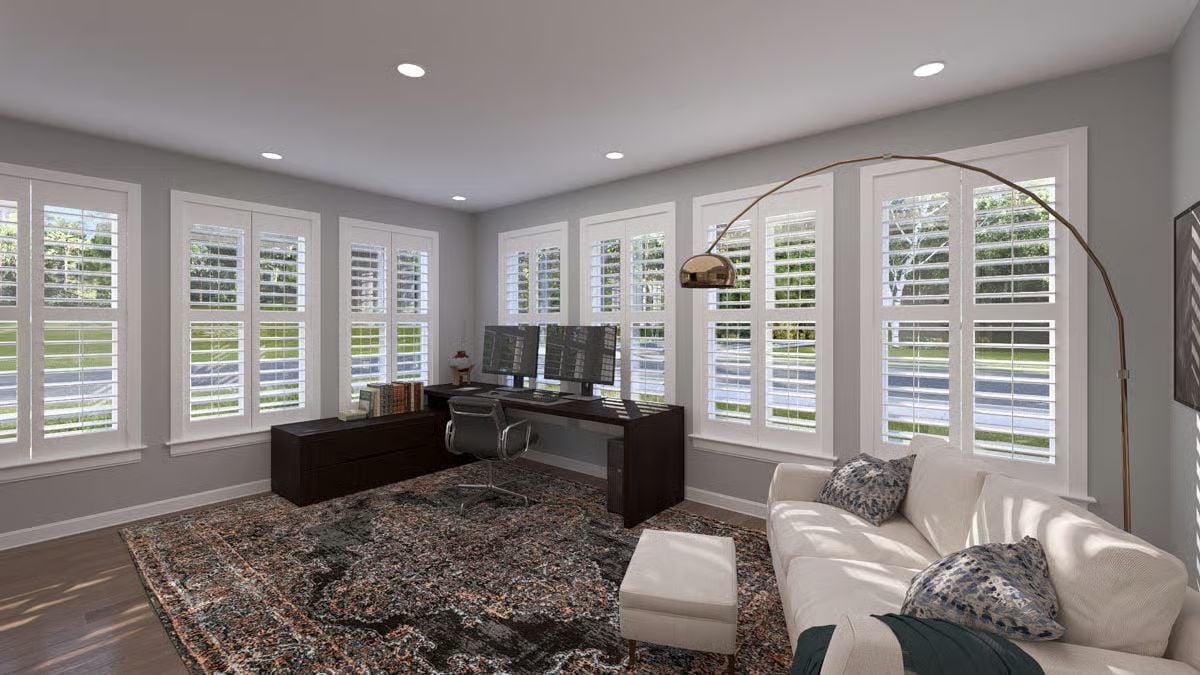 Plantation Shutters and Dual Monitors Make This Home Office Work Hard