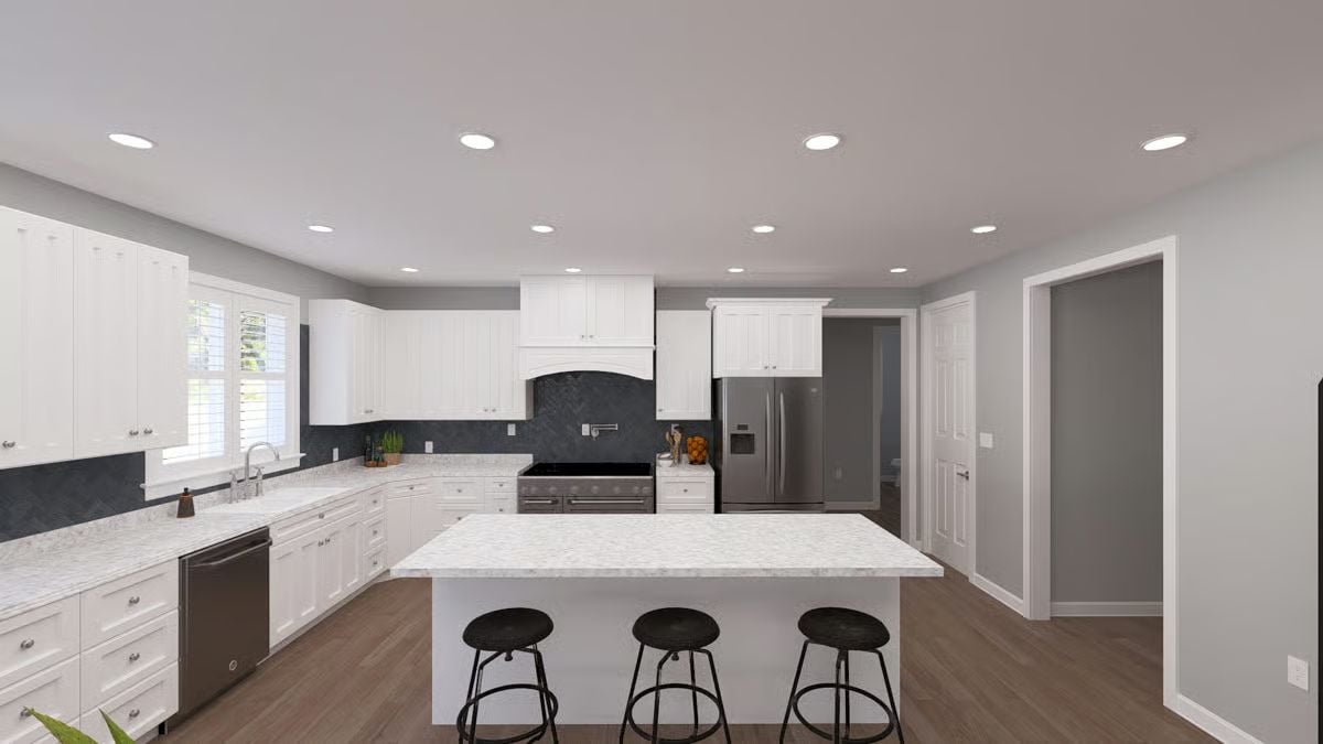 Quartz Island With Three Stools and a Dark Tile Backsplash That Pulls It Together