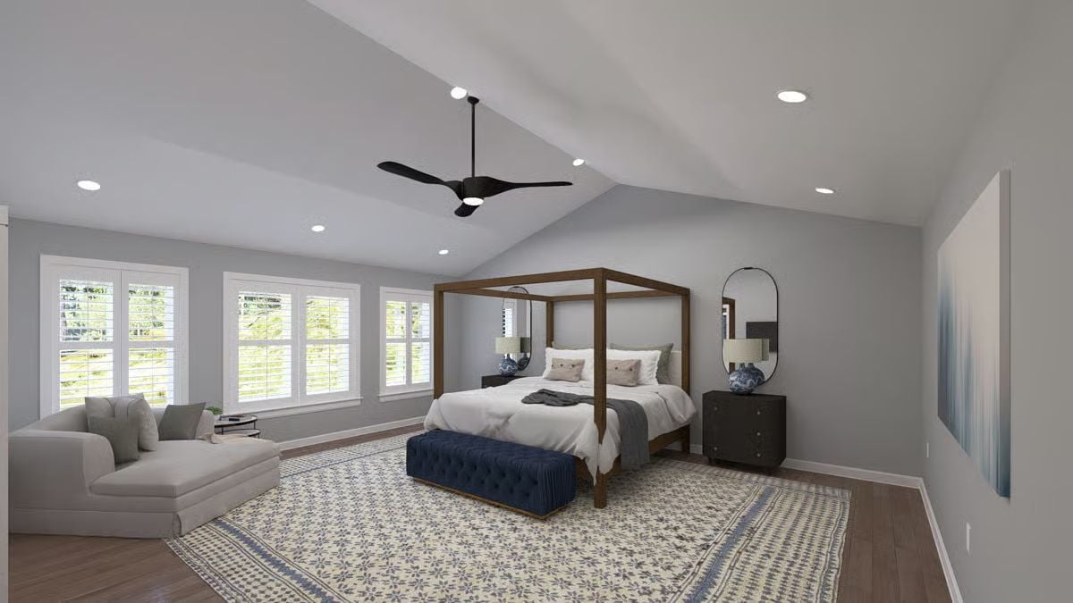 Four-Poster Frame and a Vaulted Ceiling That Gives the Room Room to Breathe
