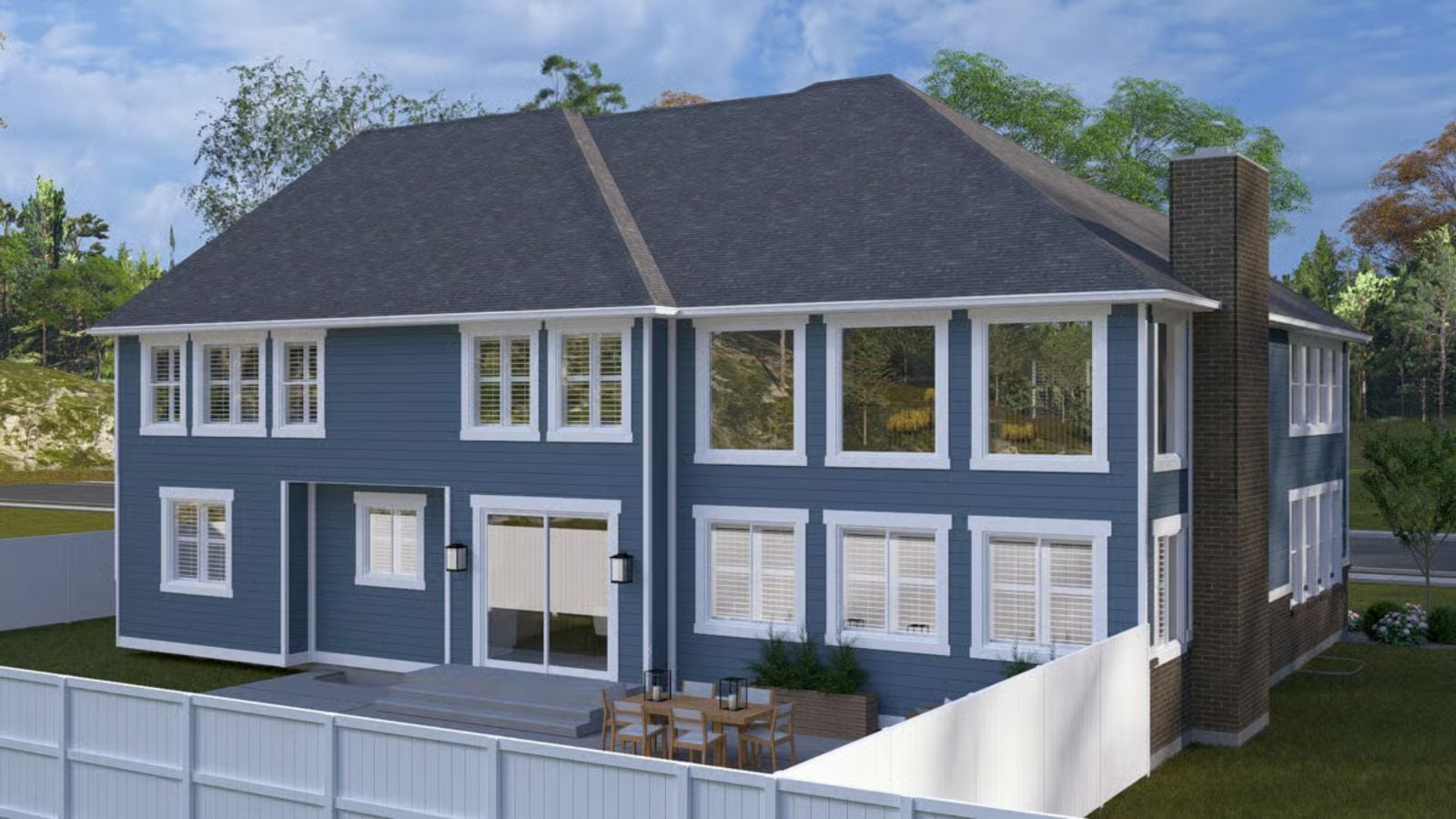 Blue Board-and-Batten Exterior With a Big Glass Corner and a Brick Chimney Stack