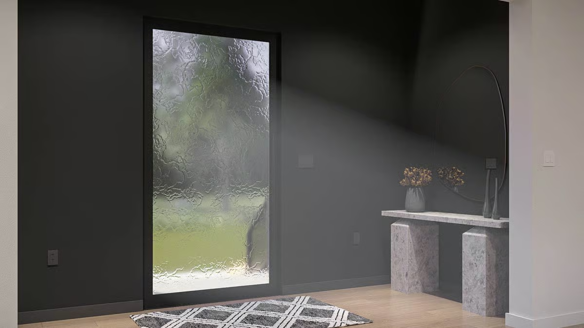 Frosted Glass Entry Door With a Marble Console Table Moment