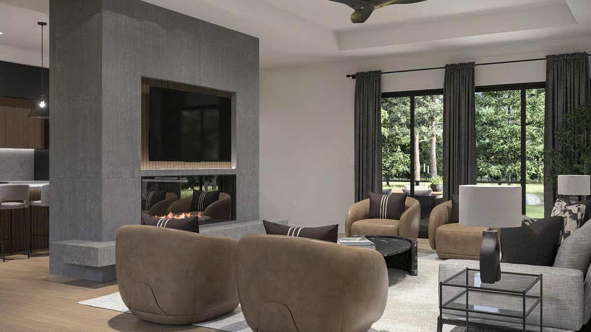 Leather Swivel Chairs Around a See-Through Fireplace Worth Pausing For