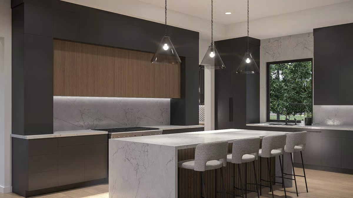 Marble Island With Waterfall Edge and Glass Pendants That Actually Fit the Space