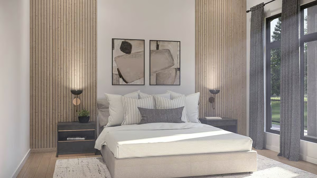Slatted Wood Accent Wall With Wall Sconces That Know Their Place