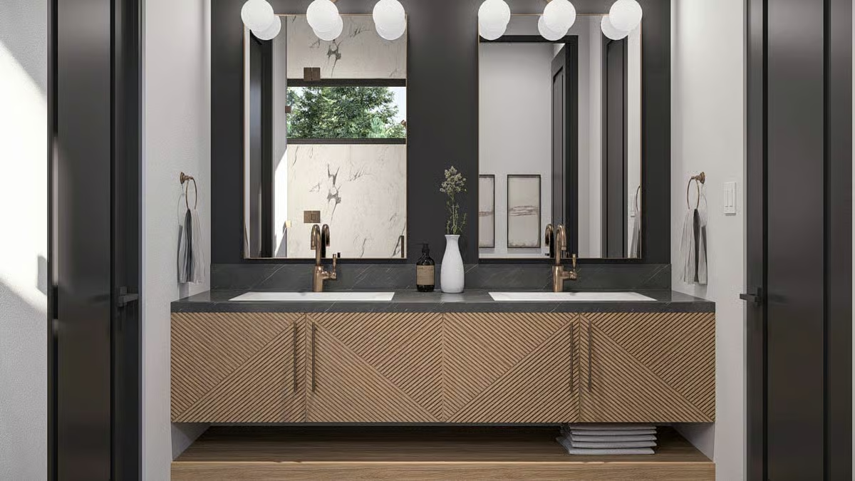 Floating Wood Vanity With Geometric Cabinet Fronts and Brass Hardware