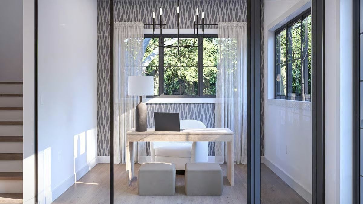 Glass Walls and Geometric Wallpaper Give This Home Office Real Character